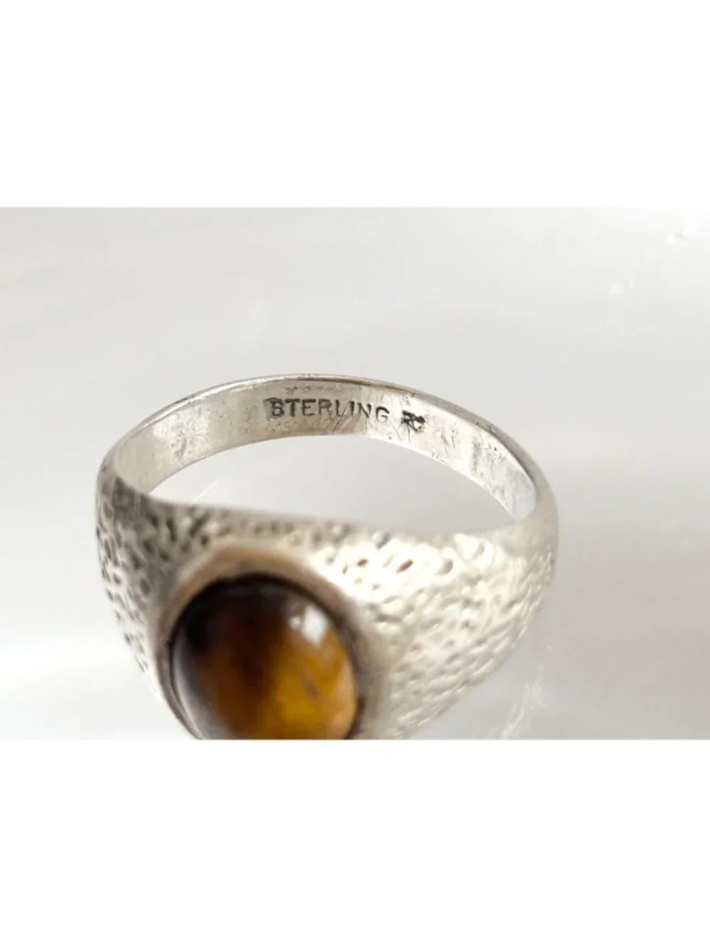 Genuine Tiger's Eye Hammered Sterling Silver 925 Vintage Ring - sz 11.75